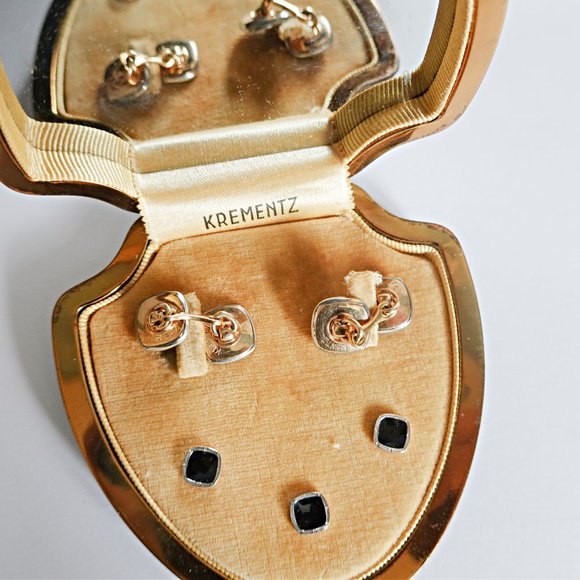 14k Overlay & Platinum Clad Black Onyx Cufflinks and Tuxedo Shirt Stud Buttons - Picture 2 of 3